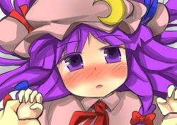 Rule 34 | 1girl, blush, bow, colored eyelashes, crescent, crescent hair ornament, gaoo (frpjx283), hair bow, hair ornament, hat, long hair, lying, mob cap, open mouth, patchouli knowledge, purple eyes, purple hair, solo, touhou