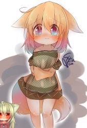 Rule 34 | 1girl, animal ears, bare shoulders, blonde hair, blush, brown dress, commentary request, dress, fox ears, fox tail, looking at viewer, hugging object, original, pillow, pillow hug, pink eyes, short hair, solo, strapless, strapless dress, sunapua, tail