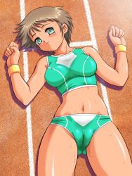 Rule 34 | 1girl, blush, breasts, brown hair, cameltoe, cleft of venus, covered erect nipples, fat mons, green eyes, lying, medium breasts, navel, open mouth, pussy juice, pussy juice stain, shiny skin, short hair, solo, sweat, sweat stain, tanuki gakuen, teeth, track and field, track uniform, wristband