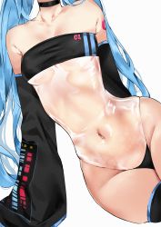 Rule 34 | 1girl, aqua hair, bare shoulders, black choker, breasts, choker, commentary, detached sleeves, english commentary, gris swimsuit, hatsune miku, head out of frame, highres, long hair, long sleeves, meme attire, nakony, navel, one-piece swimsuit, see-through swimsuit, simple background, skin tight, small breasts, solo, strapless, strapless one-piece swimsuit, swimsuit, twintails, very long hair, vocaloid, white background