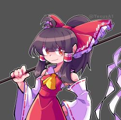 Rule 34 | 1girl, ascot, black hair, bow, commentary, cowboy shot, detached sleeves, english commentary, frilled bow, frills, gohei, grey background, hair between eyes, hair bow, hair ornament, hair tubes, hakurei reimu, hand on own hip, highres, holding, holding stick, light smile, looking at viewer, medium hair, red bow, red eyes, red skirt, ribbon-trimmed sleeves, ribbon trim, sarashi, simple background, skirt, solo, stick, texusa1, touhou, twitter username, wide sleeves, yellow ascot