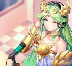 Rule 34 | 1girl, ;), ancient greek clothes, armlet, breasts, checkered floor, chiton, cleavage, collarbone, dress, forehead jewel, green eyes, green hair, hand on headphones, headphones, jewelry, kid icarus, laurel crown, long hair, looking at viewer, microphone, microphone stand, nintendo, one eye closed, palutena, parted bangs, pendant, sitting, smile, strapless, strapless dress, table, tiara, tripod, vambraces, very long hair, window, yuduki (tt-yuduki)