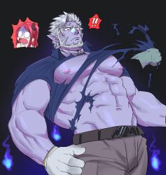 Rule 34 | !, 1boy, 1girl, abs, akabane youko, bara, bare pectorals, beard, belt, biceps, colored skin, facial hair, forked eyebrows, gilzaren iii, gloves, grey pants, highres, large pectorals, male focus, mature male, muscular, muscular male, mutton chops, navel, nijisanji, nipples, open clothes, open shirt, pants, pectorals, pointy ears, purple skin, red eyes, short hair, spoken exclamation mark, stomach, tearing clothes, thick eyebrows, torn clothes, vampire, virtual youtuber, white gloves, white hair, yakisoba ohmori