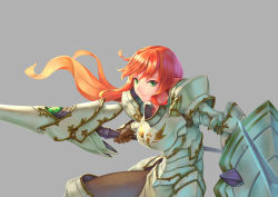 Rule 34 | 1girl, armor, bigrbear, boobplate, boots, breastplate, brown gloves, brown pantyhose, closed mouth, elf, floating hair, gloves, greaves, green eyes, grey background, highres, holding, holding weapon, lance, long hair, looking at viewer, orange hair, original, pantyhose, pauldrons, pointy ears, polearm, shield, shoulder armor, simple background, smile, solo, weapon