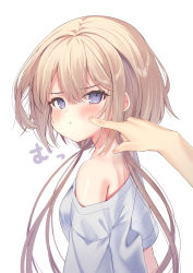 Rule 34 | 1boy, 1girl, :t, blush, breasts, brown hair, cheek poking, closed mouth, earrings, ebihara beniko, from side, hair between eyes, highres, jewelry, long hair, looking at viewer, looking to the side, low twintails, medium breasts, off shoulder, original, out of frame, poking, pout, prank, purple eyes, shirt, short sleeves, simple background, solo focus, twintails, upper body, very long hair, white background, white shirt