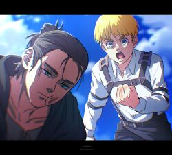 Rule 34 | 2boys, armin arlert, black border, blonde hair, blue eyes, blue sky, border, brown hair, clenched hand, eren yeager, face punch, furrowed brow, green eyes, grey jacket, highres, in the face, injury, jacket, letterboxed, long sleeves, looking at another, male focus, multiple boys, noinoichebura, open mouth, outdoors, punching, shingeki no kyojin, shirt, short hair, shouting, sky, thick eyebrows, three-dimensional maneuver gear, updo, upper body, white shirt
