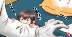 Rule 34 | 1boy, 1girl, = =, admiral (kancolle), akagi (kancolle), biting, blurry, blurry foreground, blush, brown hair, chibi, closed eyes, commentary request, depth of field, gloves, highres, kantai collection, long hair, long sleeves, mini person, minigirl, signature, sweatdrop, taisa (kari), white gloves