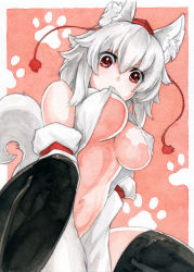 Rule 34 | 1girl, animal ears, black legwear, breasts, commentary, commentary request, detached sleeves, exlay1, hat, holding, inubashiri momiji, large breasts, looking at viewer, looking down, navel, painting (medium), pom pom (clothes), red eyes, shirt, short hair, silver hair, solo, tail, tokin hat, touhou, traditional media, underboob, watercolor (medium), white shirt, wolf ears, wolf tail