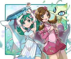 Rule 34 | 2girls, :d, alternate color, armpits, arms up, blush, border, brown eyes, brown hair, celebi, closed mouth, commentary, creatures (company), detached sleeves, dress, eyelashes, flower, fu (tk1189227dhy), game freak, gen 2 pokemon, glint, glowing, green eyes, green hair, hair flower, hair ornament, highres, kris (pokemon), kris (sygna suit) (pokemon), legendary pokemon, long hair, lyra (pokemon), lyra (sygna suit) (pokemon), multiple girls, mythical pokemon, nintendo, official alternate costume, open mouth, outside border, own hands together, pokemon, pokemon (creature), pokemon masters ex, smile, sparkling eyes, steepled fingers, stretching, suicune, teeth, tongue, twintails, upper teeth only