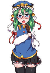 Rule 34 | 1girl, arm behind back, bespectacled, black thighhighs, blue eyes, blush, fang, glasses, green hair, hat, ikue fuuji, juliet sleeves, long sleeves, looking at viewer, open mouth, puffy sleeves, raised eyebrow, red-framed eyewear, rod of remorse, shiki eiki, short hair, simple background, skindentation, solo, thighhighs, touhou, vest, white background, zettai ryouiki
