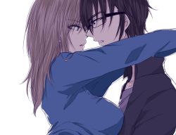 Rule 34 | 1boy, 1girl, arms around neck, awashima seri, black-framed eyewear, black hair, blue eyes, blue shirt, breasts, brown hair, commentary request, face-to-face, from side, fushimi saruhiko, grey shirt, hair between eyes, high collar, k-project, large breasts, long hair, natako, parted lips, shirt