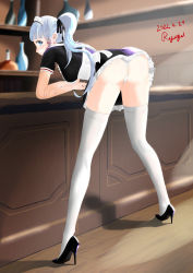 Rule 34 | 1girl, absurdres, alternate costume, artist name, ass, ayaka (genshin impact), bent over, blue eyes, blunt bangs, blush, breasts, cameltoe, crotch seam, dated, dress, embarrassed, from behind, genshin impact, grey eyes, hair ribbon, high heels, highres, indoors, leaning, leaning forward, long hair, looking at viewer, looking back, maid, maid headdress, medium breasts, mole, mole under eye, panties, patent heels, ponytail, pumps, ribbon, ryugu life, shiny clothes, shiny skin, shoes, sideboob, signature, skirt, solo, stiletto heels, thighhighs, trefoil, underwear, upskirt, very long hair, white hair, white thighhighs