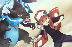 Rule 34 | 1boy, artist name, badge, baseball cap, black pants, black shirt, brown hair, charizard, clenched hands, closed mouth, coat, commentary request, creatures (company), fangs, fire, flame-tipped tail, game freak, gen 1 pokemon, hands up, hat, legs apart, mega charizard x, mega pokemon, momoji (lobolobo2010), nintendo, pants, pokemon, pokemon (creature), pokemon masters ex, red (pokemon), red (sygna suit) (pokemon), red coat, shirt, sleeves past elbows, smile