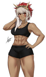 Rule 34 | 1girl, abs, airisubaka, artist name, biceps, black shorts, breasts, collarbone, commentary, dark-skinned female, dark skin, facial mark, fire emblem, fire emblem fates, hand on own hip, highres, looking at viewer, mask, mask on head, medium breasts, midriff, multicolored hair, muscular, muscular female, navel, nintendo, red eyes, rinkah (fire emblem), short hair, shorts, signature, simple background, solo, sports bra, sweat, thighs, towel, two-tone hair, white background, white hair, wiping sweat