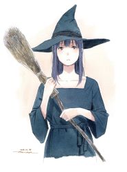 Rule 34 | 1girl, blue dress, blue hat, broom, brown eyes, closed mouth, dated, dress, halloween, hat, hibike! euphonium, highres, holding, holding broom, horikou, liz to aoi tori, long sleeves, looking at viewer, medium hair, painting (medium), purple hair, signature, solo, traditional media, upper body, watercolor (medium), wide sleeves, witch, witch hat, yoroizuka mizore