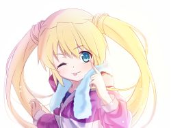 Rule 34 | 1girl, ;p, blonde hair, blue eyes, blue shirt, cardigan, collarbone, floating hair, hair between eyes, index finger raised, long hair, long sleeves, looking at viewer, nakatsu shizuru, one eye closed, pink cardigan, rewrite, shirt, simple background, solo, tagame (tagamecat), tongue, tongue out, twintails, upper body, very long hair, white background