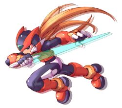 Rule 34 | 1boy, android, archived source, armor, black eyes, blonde hair, energy sword, forehead jewel, full body, helmet, highres, holding, holding sword, holding weapon, long hair, male focus, mega man (series), mega man zero (series), mega man zero 2, nakayama tooru, official art, red armor, red helmet, simple background, solo, sword, weapon, white background, z saber, zero(z) (mega man), zero (mega man)