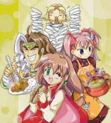 Rule 34 | 1boy, 3girls, :3, :d, ahoge, apron, bandages, blonde hair, blue eyes, blush, brown hair, cecilia lynne adelhyde, chibi, choker, chopsticks, cloak, cooking, curry, dress, earrings, eating, food, frown, gallows carradine, green eyes, grin, hair ornament, hair ribbon, hairband, hairpin, happy, headband, jewelry, lilka eleniak, long hair, low-tied long hair, multicolored hair, multiple girls, necklace, o o, one eye closed, open mouth, oven mitts, plate, raquel applegate, red hairband, ribbon, short hair, short twintails, smile, smoke, soup, spoon, streaked hair, sweatdrop, teeth, twintails, two side up, vest, white hair, wild arms, wild arms 1, wild arms 2, wild arms 3, wild arms 4, wink, yakisoba, yakisobapan, yellow hairband, zipang (zip@ng works)