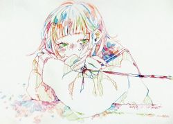 Rule 34 | 1girl, blush, colorful, covered mouth, dated, green eyes, hatching (texture), long sleeves, original, sailor collar, signature, simple background, solo, tears, traditional media, upper body, watanabe tomari, white background