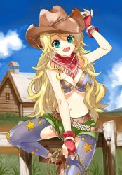 Rule 34 | 1girl, belt, bikini, bikini top only, blonde hair, boots, breasts, cleavage, cowboy, cowboy boots, cowboy hat, cowboy western, earrings, fence, fingerless gloves, gloves, green eyes, hat, hoshii miki, idolmaster, idolmaster (classic), jewelry, large breasts, long hair, print thighhighs, putao, rope, solo, stampede string, star (symbol), star print, swimsuit, symbol-shaped pupils, thighhighs, western