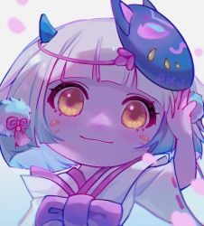 Rule 34 | 1girl, bai ling shi pei pei, bow, brown eyes, closed mouth, colored skin, green hair, grey hair, hair ornament, hand up, highres, horns, league of legends, looking at viewer, mask, mask on head, medium hair, petals, pink skin, simple background, smile, solo, spirit blossom tristana, tristana, white background, wide sleeves, yordle