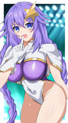 Rule 34 | absurdres, blue eyes, braid, capelet, choujigen game neptune, cosplay, covered navel, cowboy shot, gloves, gundam, gundam seed, gundam seed destiny, hair ornament, highleg, highleg leotard, highres, index finger raised, leotard, looking at viewer, low twintails, meer campbell, meer campbell (cosplay), multicolored leotard, neptune (series), purple eyes, purple heart (neptunia), star (symbol), star hair ornament, stiris rangetsu, twin braids, twintails, white capelet, white gloves