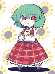 Rule 34 | 1girl, ascot, blush stickers, chahan (fried rice0614), chibi, closed mouth, commission, crossed arms, floral background, flower, green hair, highres, kazami yuuka, long sleeves, looking at viewer, plaid, plaid skirt, plaid vest, raised eyebrow, red eyes, shirt, short hair, skeb commission, skirt, skirt set, smile, solo, standing, sunflower, touhou, vest, white shirt, yellow ascot