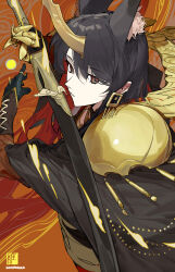 Rule 34 | 1other, absurdres, androgynous, animal ear fluff, animal ears, arknights, armor, artist name, black cape, black gloves, black hair, brown eyes, cape, claw (weapon), earrings, gloves, gohanduck, gold horns, highres, holding, holding sword, holding weapon, horns, jewelry, looking at viewer, medium hair, parted lips, ring, shoulder armor, single horn, solo, steam from mouth, sword, upper body, weapon, ya (arknights)