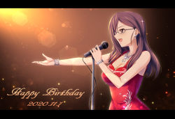 Rule 34 | 1girl, bracelet, breasts, cleavage, commentary request, dated, dress, glasses, happy birthday, holding, holding microphone, idolmaster, idolmaster cinderella girls, inou hiroaki, jewelry, large breasts, letterboxed, medium breasts, microphone, microphone stand, music, necklace, open mouth, outstretched hand, purple eyes, purple hair, red dress, semi-rimless eyewear, singing, sleeveless, sleeveless dress, solo, sparkle, under-rim eyewear, upper body, yagami makino
