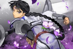 Rule 34 | 1boy, bankotsu (inuyasha), black hair, blue eyes, braid, eyeshadow, facial mark, flower, forehead mark, gradient background, inuyasha, long hair, long sleeves, looking at viewer, looking back, makeup, male focus, mumu2126, outstretched arms, oversized object, petals, puffy long sleeves, puffy sleeves, single braid, solo, sword, very long hair, weapon