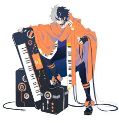 Rule 34 | 1boy, absurdres, black choker, black footwear, black gloves, black hair, choker, closed mouth, facial mark, fingerless gloves, gloves, grey hair, hair between eyes, highres, holding, holding instrument, instrument, keyboard (instrument), loladestiny, male focus, original, piano, piano print, red eyes, shoes, simple background, sneakers, solo, spiked choker, spikes, white background