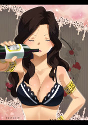 Rule 34 | 1girl, armlet, bottle, bracelet, breasts, brown hair, cana alberona, cleavage, drinking, closed eyes, fairy tail, gaston18, highres, holding, holding bottle, jewelry, large breasts, long hair, solo, tagme, upper body