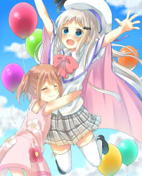 Rule 34 | 2girls, absurdres, arizuki shiina, arms up, blue eyes, brown hair, cape, cloud, day, dress, closed eyes, fang, floral print, hat, highres, hug, jumping, kud wafter, legs up, little busters!, long hair, multiple girls, noumi kudryavka, open mouth, outdoors, pink dress, plaid, plaid skirt, shirt, skirt, sky, smile, sundress, thighhighs, white cape, white legwear, white shirt