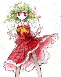 Rule 34 | 1girl, ascot, commentary request, feet out of frame, flower, green hair, hair flower, hair ornament, kazami yuuka, plant, red eyes, red skirt, red vest, shirt, short hair, short sleeves, skirt, solo, tama (hiroshige 36), touhou, vest, white background, white shirt, wind, wind lift, yellow ascot