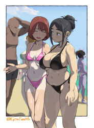 1boy 4girls artist_name bald beach bikini black_bikini black_hair black_male_swimwear blue_eyes blush breasts closed_eyes dark-skinned_male dark_skin day faceless faceless_male geso_smith hair_bun highres jewelry large_breasts looking_at_another male_swimwear mature_female multiple_girls navel open_mouth original outside_border pink_bikini red_hair ring side-tie_bikini_bottom small_breasts stomach swim_trunks swimsuit tan tanline walking