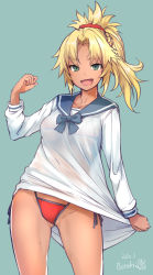 Rule 34 | 1girl, artist name, bikini, bikini under clothes, blonde hair, blue background, blue sailor collar, bosshi, collarbone, commentary request, cowboy shot, dated, dress, fate/grand order, fate (series), green eyes, hair ornament, hair scrunchie, highres, long hair, looking at viewer, mordred (fate), mordred (fate) (all), mordred (fate/apocrypha), mordred (swimsuit rider) (fate), mordred (swimsuit rider) (second ascension) (fate), ponytail, red bikini, sailor collar, sailor dress, scrunchie, see-through, side-tie bikini bottom, smile, solo, standing, swimsuit, swimsuit under clothes, white dress