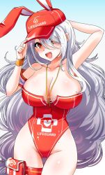 Rule 34 | 1girl, arm behind head, azur lane, breasts, cleavage, collarbone, covered navel, gradient background, hair between eyes, hat, highres, holding, holding clothes, holding hat, houshi, large breasts, lifeguard, long hair, looking at viewer, one-piece swimsuit, pouch, prinz heinrich (azur lane), prinz heinrich (rabbit on watch) (azur lane), red eyes, red headwear, red one-piece swimsuit, shiny skin, smile, swimsuit, thigh pouch, thigh strap, thighs, upper body, very long hair, white hair