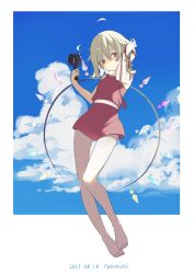 Rule 34 | 1girl, ahoge, artist name, barefoot, blonde hair, closed mouth, dated, electric fan, flandre scarlet, hair between eyes, hand fan, highres, holding, holding fan, long hair, namauni, red eyes, red skirt, red vest, signature, skirt, solo, touhou, vest
