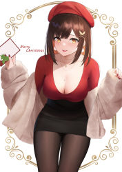 Rule 34 | 1girl, abab xiaxia, black pantyhose, black skirt, blush, breasts, brown hair, christmas, cleavage, coat, downblouse, earrings, hair ornament, hat, holding, jewelry, large breasts, looking at viewer, merry christmas, mole, mole on breast, necklace, open mouth, orange eyes, original, pantyhose, simple background, sitting, skirt, smile, solo, thighs