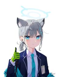 Rule 34 | 1girl, alternate hairstyle, animal ear fluff, animal ears, blue archive, blue eyes, blue jacket, blue necktie, blue scarf, blush, closed mouth, collared shirt, cross hair ornament, extra ears, gloves, green gloves, grey hair, hair ornament, halo, jacket, long sleeves, looking at viewer, mads ez, medium hair, necktie, open clothes, open jacket, ponytail, scarf, school uniform, shiroko (blue archive), shirt, sidelocks, signature, solo, thumbs up, upper body, white background, wolf ears