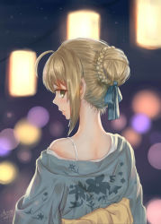 Rule 34 | 10s, 1girl, 2015, absurdres, ahoge, aiovia, alternate costume, artist name, artoria pendragon (all), artoria pendragon (fate), blonde hair, blurry, blush, bokeh, bra, bra strap, dated, depth of field, fate/stay night, fate/zero, fate (series), from behind, green eyes, highres, japanese clothes, kimono, looking at viewer, looking back, nape, off shoulder, saber (fate), signature, solo, underwear, yukata