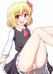 Rule 34 | 1girl, :d, ascot, blonde hair, blush, fang, highres, legs, open mouth, panties, red eyes, rumia, short hair, simple background, smile, solo, touhou, underwear, white background, white panties, yakumo nanahara