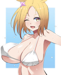 Rule 34 | 1girl, absurdres, alternate costume, animal ears, armpits, bare shoulders, bikini, blonde hair, blue background, border, breasts, cleavage, commentary request, ear ornament, highres, horse ears, horse girl, large breasts, looking at viewer, narita top road (umamusume), open mouth, rad (gggjjj), short hair, simple background, smile, solo, sweat, sweatdrop, swimsuit, umamusume, upper body, white border, yellow eyes