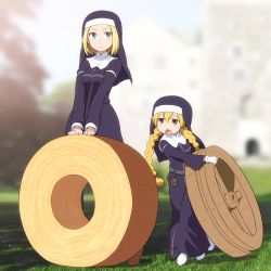 Rule 34 | 2girls, angelene, baumkuchen, black dress, blonde hair, blue eyes, blurry, blurry background, blush, braid, breasts, brown eyes, brown footwear, child, closed mouth, commentary request, day, depth of field, dress, gloves, grass, habit, hair between eyes, highres, holding, long hair, long sleeves, lucia (toaru majutsu no index), medium breasts, multiple girls, nun, open mouth, outdoors, parted bangs, shirosato, shoes, standing, toaru majutsu no index, traditional nun, twin braids, twintails, v-shaped eyebrows, veil, very long hair, white footwear, white gloves, wide sleeves