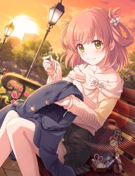 Rule 34 | 1girl, bag, bench, blouse, building, casual, collarbone, flower, green eyes, hair ornament, hair rings, highres, lamppost, lens flare, looking at viewer, medium hair, needle, official art, orange hair, plant, princess connect!, rino (princess connect!), rino (real) (princess connect!), school bag, school uniform, scissors, sewing, sewing kit, sewing needle, shirt, sitting, solo, split mouth, striped clothes, striped shirt, sun, sunset, tree