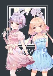 Rule 34 | 2girls, :d, ahoge, bad id, bad pixiv id, bare arms, bare shoulders, blue dress, blush, bow, brown eyes, closed mouth, collarbone, commentary request, dress, english text, floral background, flower, futaba anzu, hair bow, hair flower, hair ornament, hairclip, heart, highres, holding, holding flower, idolmaster, idolmaster cinderella girls, kanda done, koshimizu sachiko, light brown hair, long hair, low twintails, multiple girls, open mouth, pink dress, pink flower, puffy short sleeves, puffy sleeves, purple hair, red bow, red eyes, short hair, short sleeves, skirt hold, sleeveless, sleeveless dress, smile, thighhighs, twintails, very long hair, white flower, white legwear, wrist cuffs