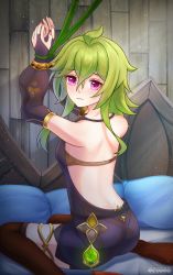 Rule 34 | 1girl, absurdres, artist name, ass, bare shoulders, betonamou, blush, bound, bound wrists, breasts, bridal gauntlets, collei (genshin impact), dendro (genshin impact), detached sleeves, dress, from behind, genshin impact, green hair, highres, long hair, looking at viewer, looking back, plant, purple eyes, short dress, sideboob, sitting, small breasts, solo, thighhighs, vines, wariza