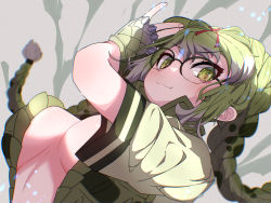Rule 34 | 1girl, blurry, blurry background, braid, breasts, closed mouth, dutch angle, fang, fang out, fingerless gloves, fingernails, from below, glasses, gloves, green eyes, green hair, hair ribbon, hand up, highres, kemono friends, large breasts, long hair, looking at viewer, multicolored hair, no bra, over-rim eyewear, plunging neckline, ribbon, sarutori, semi-rimless eyewear, short sleeves, sidelocks, slit pupils, smile, solo, spectacled caiman (kemono friends), spiked gloves, spikes, stomach, tsurime, twin braids, very long hair, vest, white hair