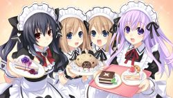 Rule 34 | 10s, 4girls, :d, absurdres, alternate costume, black hair, blue eyes, blush, bow, bowtie, brown hair, cake, cake slice, dessert, female focus, food, fruit, game cg, highres, holding, long hair, looking at viewer, maid, maid headdress, multiple girls, nepgear, neptune (series), official art, open mouth, pie, plate, purple eyes, purple hair, ram (neptunia), red eyes, ribbon, rom (neptunia), short sleeves, siblings, sisters, smile, strawberry, strawberry shortcake, tray, tsunako, twins, uni (neptunia), wrist cuffs