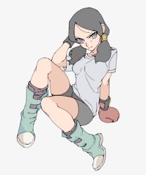 Rule 34 | 1girl, black hair, black socks, blue eyes, boots, boxing gloves, dragon ball, dragonball z, expressionless, frown, full body, grey background, hand in own hair, hand rest, highres, leggings, mgong520, serious, shirt, simple background, sitting, socks, solo, thighs, twintails, videl, white shirt